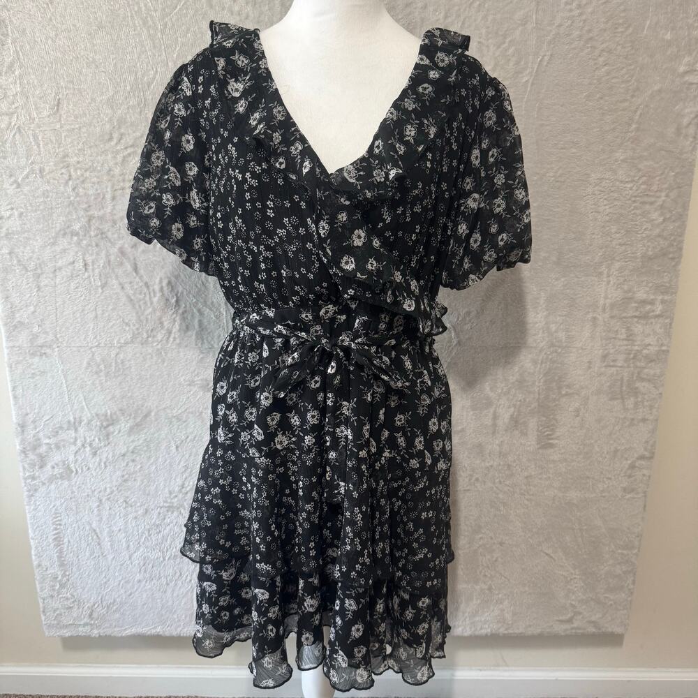 Topshop Womens Short Sleeve V-Neck Belted Ruffle Floral Dress 8 Black Sheer Back